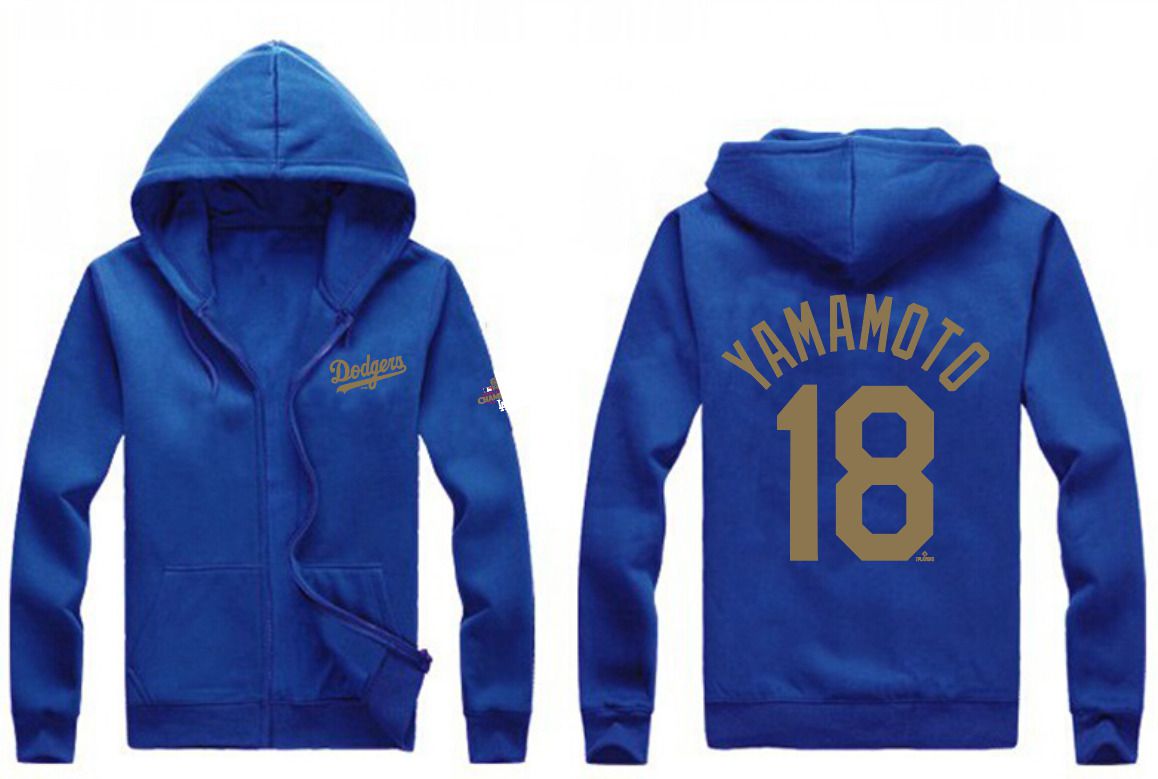 Men Los Angeles Dodgers 18 Yamamoto Blue Zipper hoodie 2025 MLB Jersey style 1